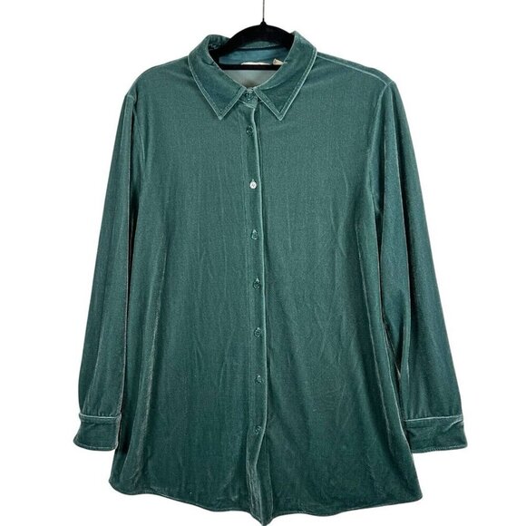 Soft Surroundings Women Velvet Boyfriend Tunic Shirt Sz M Green Button Up Blouse - Picture 1 of 8